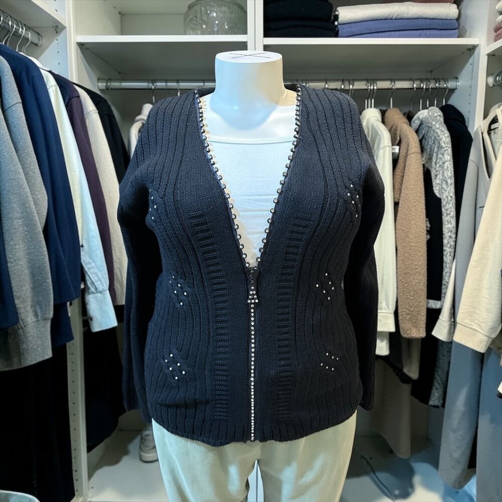 California Style XL Black Bling Full-Zip Ribbed Long Sleeve Cardigan Sweater